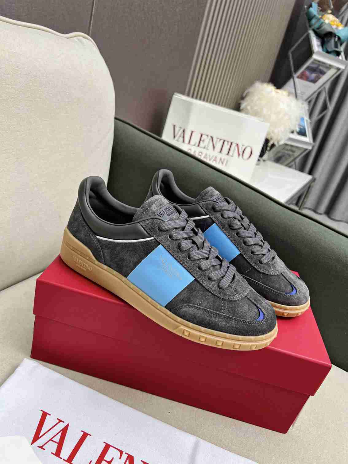 Valentino Grey Suede & Light Blue Stripe Low-Top Sneakers