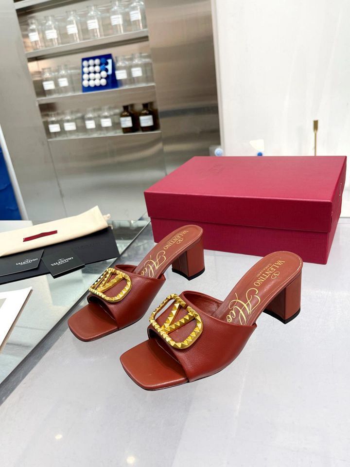 Valentino Rust Leather VLogo Rockstud Block Heel Mules