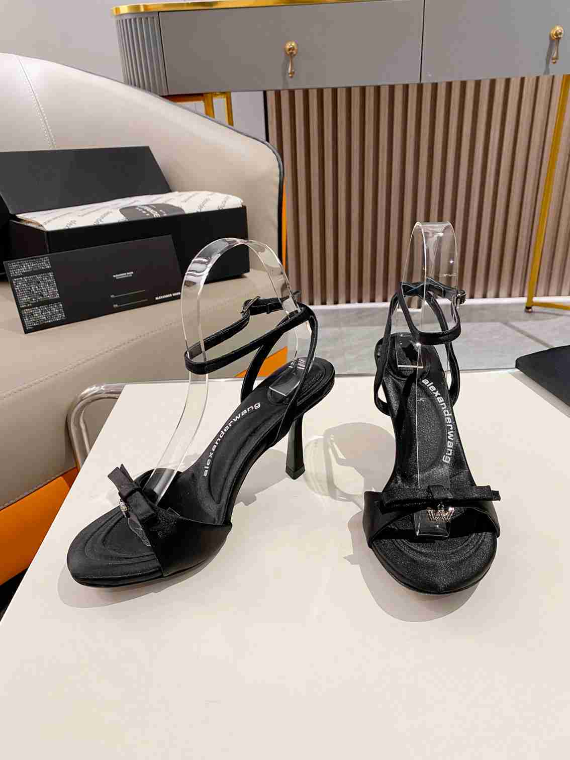 Alexander Wang Black Satin Bow Ankle-Strap High Heel Sandals