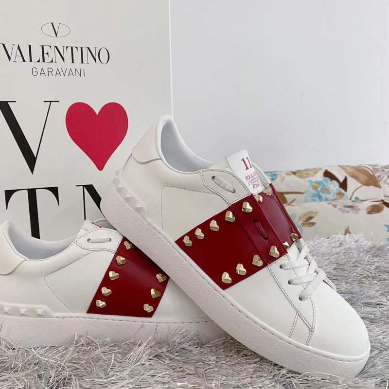 Valentino White & Red Heart Stud Sneakers