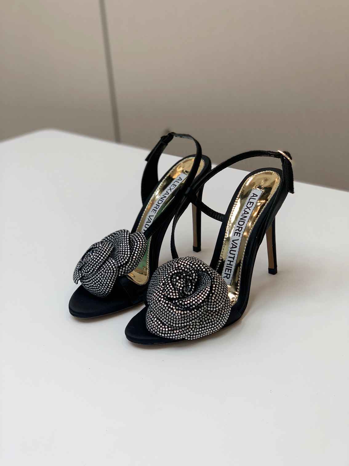 Alexandre Vauthier Black Satin Crystal Rose High Heel Sandals