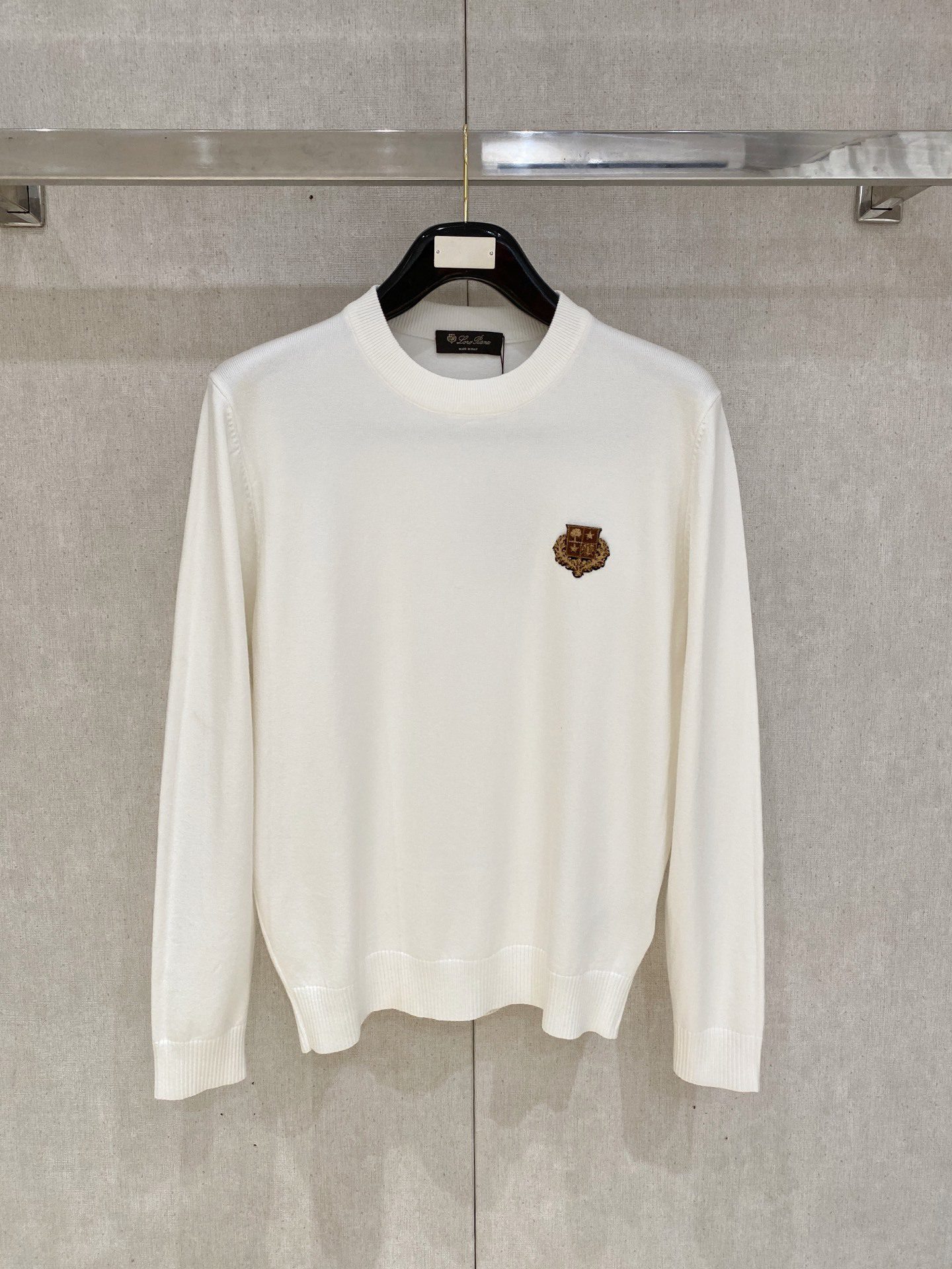 Loro Piana Style Embroidered Crest Cashmere Crewneck Sweater