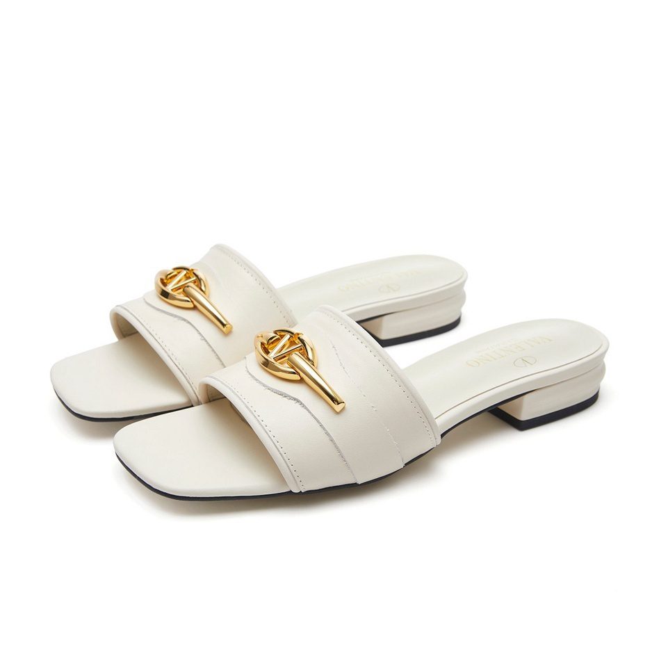 Valentino White Leather VLogo Lock Slide Sandals